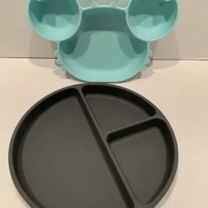 2 Silicone Divided Toddler Plates Suction Bottom ( 1 Gray, 1 Aqua Blue Crab)