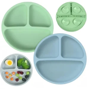 Baby Plates with Suction - 2 Pack Silicone Divided Medium, Blue, Green